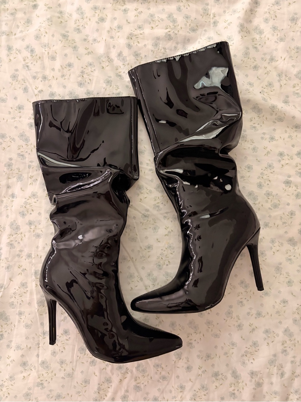 Patent Slouch Stiletto Knee-High Booties in Black